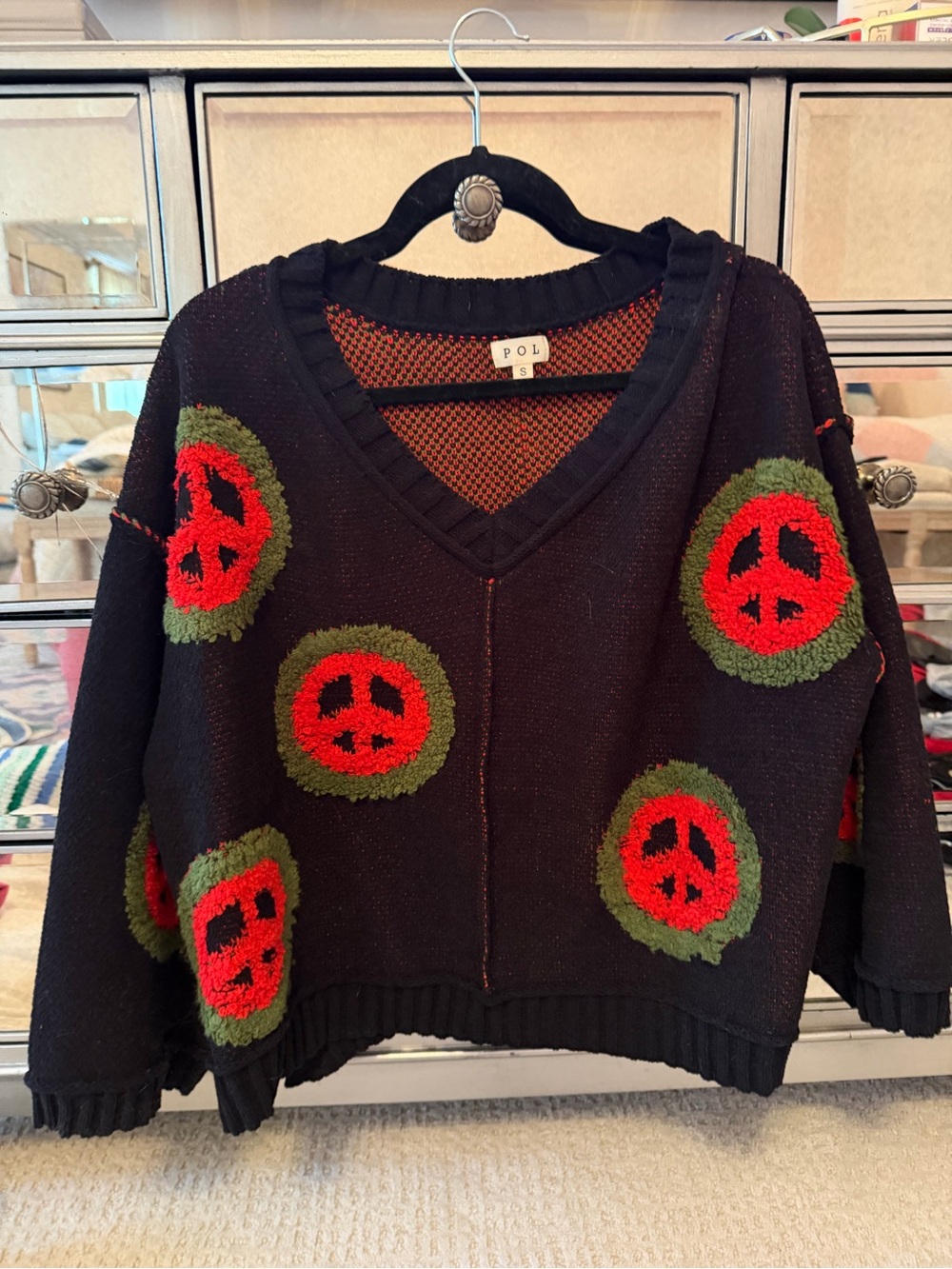 POL Black V-Neck Sweater with Red & Green Peace Patches